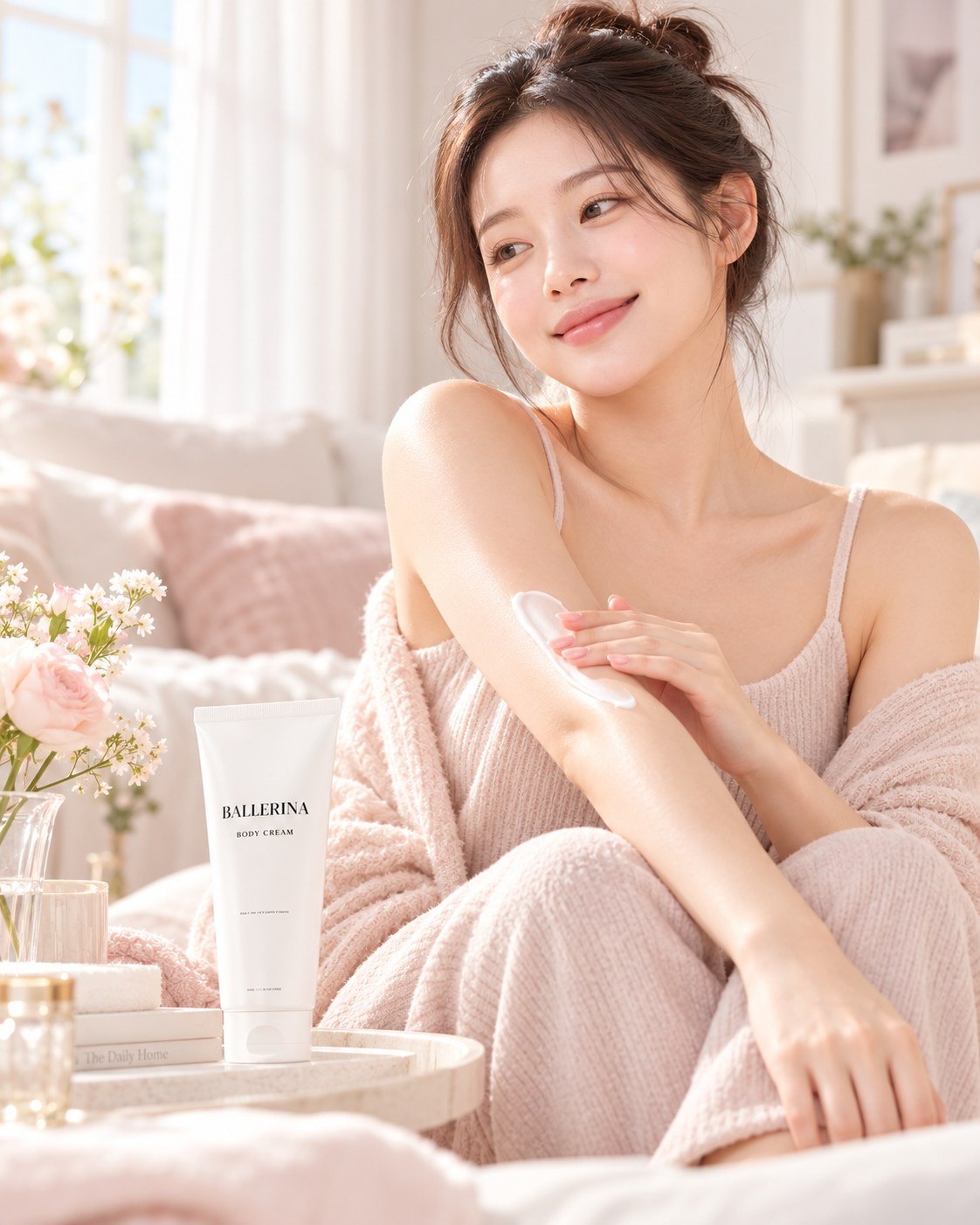 팔에 발레리나 바디크림을 바르는 여성